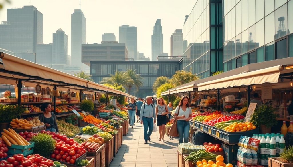 A bustling health and wellness market, set against a backdrop of a modern urban skyline. In the foreground, a vibrant array of fresh produce, artisanal goods, and wellness products are neatly arranged in an open-air market. Shoppers stroll through the stalls, their expressions radiating a sense of health and vitality. The middle ground features sleek, contemporary buildings with large windows, hinting at the growth and innovation within the industry. Warm, natural lighting illuminates the scene, creating a welcoming and rejuvenating atmosphere. The overall composition captures the energy and optimism of the health and wellness market's promising future. A bustling health and wellness market, set against a backdrop of a modern urban skyline. In the foreground, a vibrant array of fresh produce, artisanal goods, and wellness products are neatly arranged in an open-air market. Shoppers stroll through the stalls, their expressions radiating a sense of health and vitality. The middle ground features sleek, contemporary buildings with large windows, hinting at the growth and innovation within the industry. Warm, natural lighting illuminates the scene, creating a welcoming and rejuvenating atmosphere. The overall composition captures the energy and optimism of the health and wellness market's promising future.