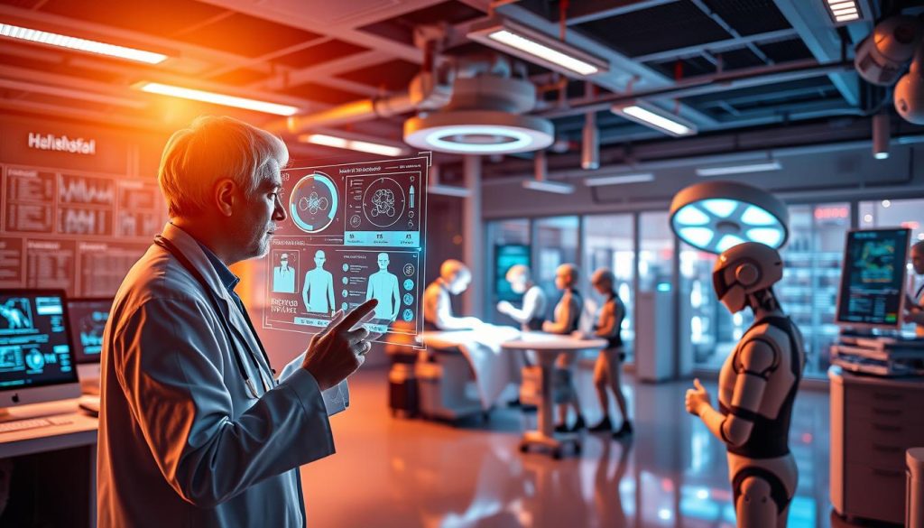 A cutting-edge healthcare AI research lab, showcasing various AI-powered medical applications. In the foreground, a doctor interacts with a holographic diagnostic interface, analyzing real-time patient data. In the middle ground, AI-powered robotic surgical assistants perform delicate operations with precision. The background depicts a panoramic view of a futuristic hospital, with intelligent monitoring systems and predictive analytics dashboards. Warm, vibrant lighting illuminates the scene, conveying a sense of innovation and technological advancement in the field of healthcare. The overall atmosphere is one of awe-inspiring scientific progress, poised to revolutionize disease prevention and management. A cutting-edge healthcare AI research lab, showcasing various AI-powered medical applications. In the foreground, a doctor interacts with a holographic diagnostic interface, analyzing real-time patient data. In the middle ground, AI-powered robotic surgical assistants perform delicate operations with precision. The background depicts a panoramic view of a futuristic hospital, with intelligent monitoring systems and predictive analytics dashboards. Warm, vibrant lighting illuminates the scene, conveying a sense of innovation and technological advancement in the field of healthcare. The overall atmosphere is one of awe-inspiring scientific progress, poised to revolutionize disease prevention and management.