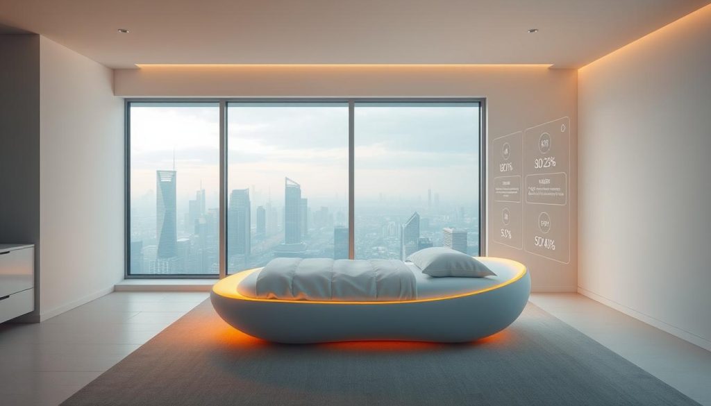 A minimalist yet technologically advanced bedroom with a futuristic sleep pod taking center stage. The pod's sleek, organic design is illuminated by a warm, amber glow, casting a serene ambiance throughout the space. In the background, a large window offers a panoramic view of a futuristic cityscape, hinting at the cutting-edge nature of the technology. The room is sparsely decorated, with clean lines and a muted color palette, allowing the sleep pod to be the focal point. Subtle, holographic displays float around the pod, showcasing various sleep metrics and optimization suggestions. The overall atmosphere conveys a sense of relaxation, rejuvenation, and the future of sleep technology. A minimalist yet technologically advanced bedroom with a futuristic sleep pod taking center stage. The pod's sleek, organic design is illuminated by a warm, amber glow, casting a serene ambiance throughout the space. In the background, a large window offers a panoramic view of a futuristic cityscape, hinting at the cutting-edge nature of the technology. The room is sparsely decorated, with clean lines and a muted color palette, allowing the sleep pod to be the focal point. Subtle, holographic displays float around the pod, showcasing various sleep metrics and optimization suggestions. The overall atmosphere conveys a sense of relaxation, rejuvenation, and the future of sleep technology.
