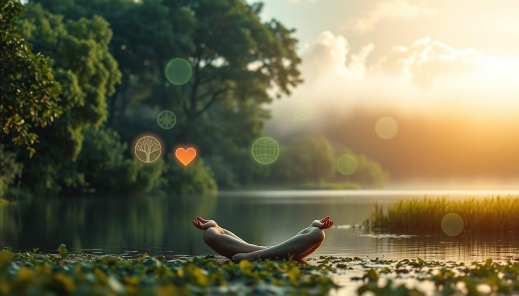 A peaceful natural setting with a tranquil lake surrounded by lush green foliage. In the foreground, a serene figure sits in a meditative pose, their eyes closed and face radiating a sense of calm and mindfulness. The lighting is soft and diffused, creating a serene and introspective atmosphere. In the middle ground, subtle symbols representing the benefits of mindfulness, such as a glowing heart or a flourishing plant, emerge from the landscape. The background features a dreamlike, ethereal quality, with wispy clouds and a warm, golden glow, conveying a sense of expansiveness and inner peace. A peaceful natural setting with a tranquil lake surrounded by lush green foliage. In the foreground, a serene figure sits in a meditative pose, their eyes closed and face radiating a sense of calm and mindfulness. The lighting is soft and diffused, creating a serene and introspective atmosphere. In the middle ground, subtle symbols representing the benefits of mindfulness, such as a glowing heart or a flourishing plant, emerge from the landscape. The background features a dreamlike, ethereal quality, with wispy clouds and a warm, golden glow, conveying a sense of expansiveness and inner peace.