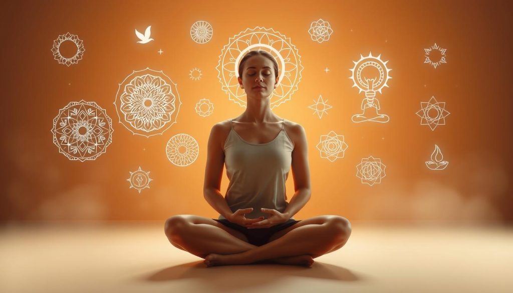 A serene and tranquil scene depicting various mindfulness techniques. In the foreground, a person sits cross-legged, eyes closed, hands resting gently on their lap, embodying a state of deep meditation. Behind them, floating holographic visualizations of mandalas, breathing exercises, and symbols of inner peace hover, subtly guiding the viewer's focus inward. The background is bathed in a soft, warm light, creating a soothing, contemplative atmosphere. The composition is balanced, with a sense of harmony and intentionality, inviting the viewer to pause, reflect, and cultivate their own mindfulness practice. A serene and tranquil scene depicting various mindfulness techniques. In the foreground, a person sits cross-legged, eyes closed, hands resting gently on their lap, embodying a state of deep meditation. Behind them, floating holographic visualizations of mandalas, breathing exercises, and symbols of inner peace hover, subtly guiding the viewer's focus inward. The background is bathed in a soft, warm light, creating a soothing, contemplative atmosphere. The composition is balanced, with a sense of harmony and intentionality, inviting the viewer to pause, reflect, and cultivate their own mindfulness practice.