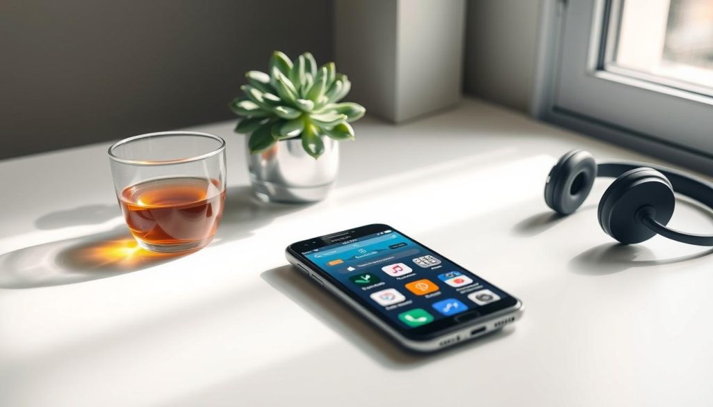 A serene and tranquil scene of a minimalist workspace with a smartphone, a cup of tea, and various meditation and mindfulness apps displayed on the screen. Soft natural lighting floods the space, creating a calming atmosphere. The desk is clutter-free, with a succulent plant and a pair of noise-cancelling headphones to enhance the meditative experience. The scene evokes a sense of focus, balance, and digital well-being, perfectly capturing the essence of top meditation and mindfulness apps. A serene and tranquil scene of a minimalist workspace with a smartphone, a cup of tea, and various meditation and mindfulness apps displayed on the screen. Soft natural lighting floods the space, creating a calming atmosphere. The desk is clutter-free, with a succulent plant and a pair of noise-cancelling headphones to enhance the meditative experience. The scene evokes a sense of focus, balance, and digital well-being, perfectly capturing the essence of top meditation and mindfulness apps.