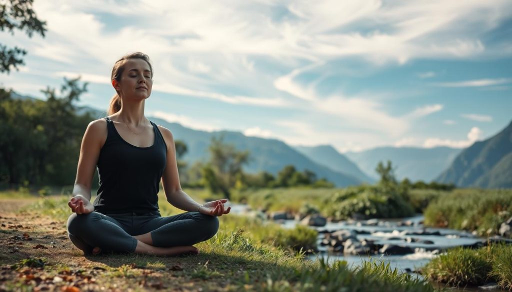A serene and tranquil scene of a person practicing mindfulness techniques in a peaceful outdoor setting. In the foreground, a person sits cross-legged in a meditative pose, eyes closed, hands resting on their lap. Soft, diffused natural lighting illuminates their face, creating a calming atmosphere. The middle ground features lush, verdant foliage and a gently flowing stream, its soothing sounds adding to the tranquility. In the background, a picturesque mountain landscape with wispy clouds drifting across a blue sky, evoking a sense of vastness and connection to the natural world. The overall composition conveys a sense of inner peace, balance, and mindful presence. A serene and tranquil scene of a person practicing mindfulness techniques in a peaceful outdoor setting. In the foreground, a person sits cross-legged in a meditative pose, eyes closed, hands resting on their lap. Soft, diffused natural lighting illuminates their face, creating a calming atmosphere. The middle ground features lush, verdant foliage and a gently flowing stream, its soothing sounds adding to the tranquility. In the background, a picturesque mountain landscape with wispy clouds drifting across a blue sky, evoking a sense of vastness and connection to the natural world. The overall composition conveys a sense of inner peace, balance, and mindful presence.