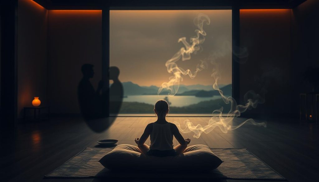 A serene, dimly lit meditation room with warm, soft lighting casting a comforting glow. In the foreground, a person sits cross-legged on a plush cushion, palms resting gently on their lap, eyes closed in deep contemplation. Surrounding them, wispy tendrils of incense drift through the air, creating a mystical atmosphere. In the middle ground, shadows of past struggles and doubts loom, represented by subtle, ethereal forms. In the background, a tranquil landscape with mountains or a lake, suggesting the tranquility and peace that can be found through overcoming meditation challenges. A serene, dimly lit meditation room with warm, soft lighting casting a comforting glow. In the foreground, a person sits cross-legged on a plush cushion, palms resting gently on their lap, eyes closed in deep contemplation. Surrounding them, wispy tendrils of incense drift through the air, creating a mystical atmosphere. In the middle ground, shadows of past struggles and doubts loom, represented by subtle, ethereal forms. In the background, a tranquil landscape with mountains or a lake, suggesting the tranquility and peace that can be found through overcoming meditation challenges.