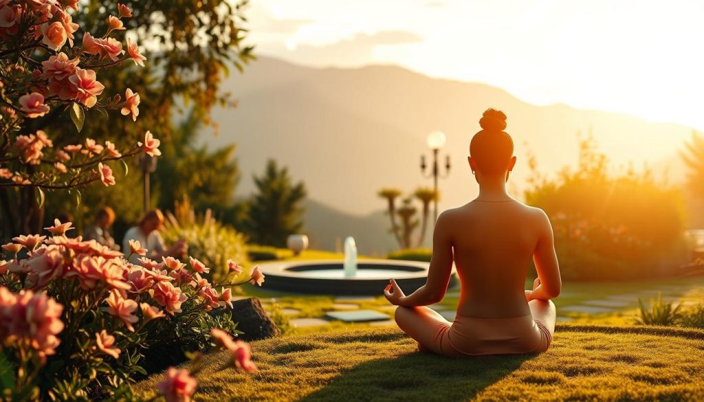 A serene garden setting with a meditating figure in the foreground, surrounded by blooming flowers and lush greenery. Warm, diffused lighting casts a peaceful glow, accentuating the tranquil atmosphere. In the middle ground, a small water feature reflects the sky above, creating a sense of balance and harmony. The background features a mountainous landscape, hinting at the expansive nature of mindfulness. The overall composition conveys the grounding and rejuvenating benefits of a consistent mindfulness practice. A serene garden setting with a meditating figure in the foreground, surrounded by blooming flowers and lush greenery. Warm, diffused lighting casts a peaceful glow, accentuating the tranquil atmosphere. In the middle ground, a small water feature reflects the sky above, creating a sense of balance and harmony. The background features a mountainous landscape, hinting at the expansive nature of mindfulness. The overall composition conveys the grounding and rejuvenating benefits of a consistent mindfulness practice.