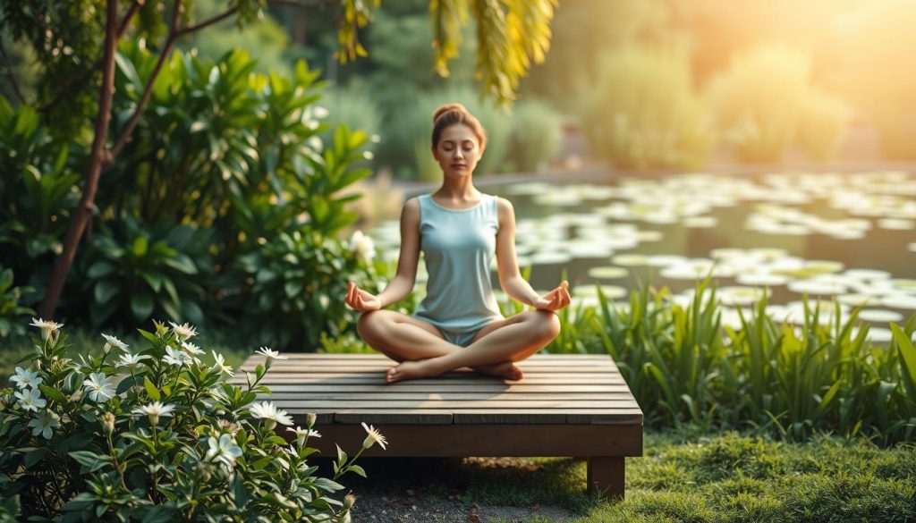 A serene garden setting, with a meditating figure sitting cross-legged on a wooden platform. The figure's eyes are closed, hands resting gently on their lap, exuding an aura of tranquility. Lush, verdant foliage surrounds the platform, with delicate flowers blooming in the foreground. Soft, diffused lighting casts a warm glow, creating a sense of inner peace and reflection. In the background, a tranquil pond reflects the natural scenery, adding to the calming atmosphere. The overall scene evokes the benefits of mindfulness, inviting the viewer to experience a moment of stillness and introspection. A serene garden setting, with a meditating figure sitting cross-legged on a wooden platform. The figure's eyes are closed, hands resting gently on their lap, exuding an aura of tranquility. Lush, verdant foliage surrounds the platform, with delicate flowers blooming in the foreground. Soft, diffused lighting casts a warm glow, creating a sense of inner peace and reflection. In the background, a tranquil pond reflects the natural scenery, adding to the calming atmosphere. The overall scene evokes the benefits of mindfulness, inviting the viewer to experience a moment of stillness and introspection.