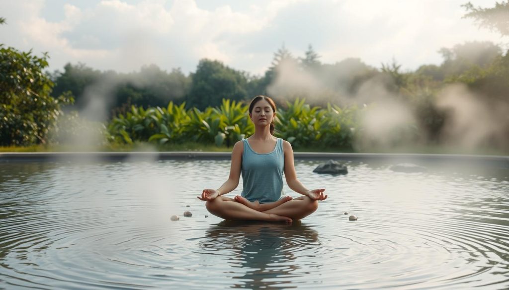 A serene garden setting with a tranquil pond, its surface rippling gently. In the foreground, a person sits cross-legged in a meditative pose, their eyes closed and face relaxed, emanating a sense of calm. Surrounding them, wispy clouds drift across a softly lit sky, creating a contemplative atmosphere. In the middle ground, a few small obstacles, such as a rock or fallen branch, symbolize the common challenges of maintaining mindfulness. The background features lush, verdant foliage, suggesting the growth and rejuvenation that can come from overcoming these obstacles. The overall composition exudes a sense of serenity, balance, and the journey towards inner peace. A serene garden setting with a tranquil pond, its surface rippling gently. In the foreground, a person sits cross-legged in a meditative pose, their eyes closed and face relaxed, emanating a sense of calm. Surrounding them, wispy clouds drift across a softly lit sky, creating a contemplative atmosphere. In the middle ground, a few small obstacles, such as a rock or fallen branch, symbolize the common challenges of maintaining mindfulness. The background features lush, verdant foliage, suggesting the growth and rejuvenation that can come from overcoming these obstacles. The overall composition exudes a sense of serenity, balance, and the journey towards inner peace.