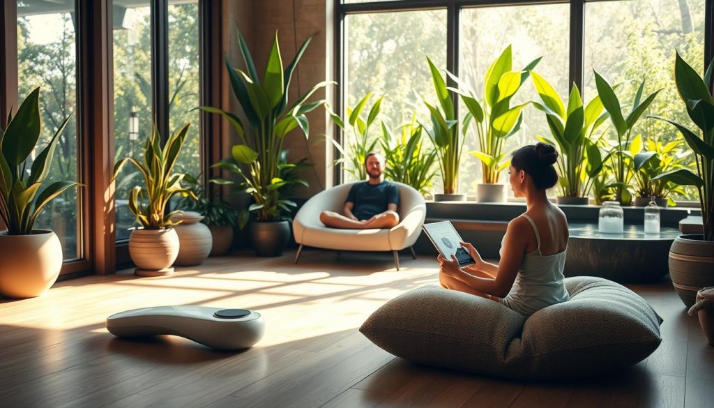 A serene, interconnected wellness sanctuary bathed in warm, natural lighting. In the foreground, a sleek, minimalist smart fitness device gracefully blends into its surroundings. The middle ground features a plush, ergonomic meditation nook, where a person is engrossed in a calming digital wellness app on a seamlessly integrated tablet. In the background, verdant plants and soothing water features create an immersive, biophilic environment, while discreet smart home controls regulate the temperature, lighting, and ambient sounds to optimize wellbeing. An atmosphere of harmony, technology, and holistic self-care pervades the scene. A serene, interconnected wellness sanctuary bathed in warm, natural lighting. In the foreground, a sleek, minimalist smart fitness device gracefully blends into its surroundings. The middle ground features a plush, ergonomic meditation nook, where a person is engrossed in a calming digital wellness app on a seamlessly integrated tablet. In the background, verdant plants and soothing water features create an immersive, biophilic environment, while discreet smart home controls regulate the temperature, lighting, and ambient sounds to optimize wellbeing. An atmosphere of harmony, technology, and holistic self-care pervades the scene.