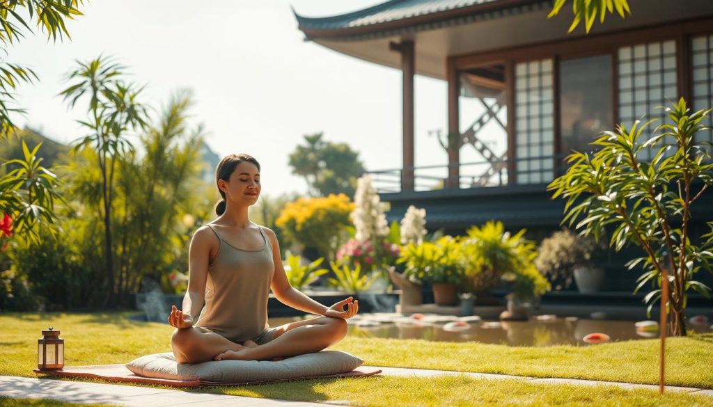A serene meditation practice unfolds in a sun-dappled garden. In the foreground, a person sits cross-legged on a plush meditation cushion, their eyes closed and face radiating calm focus. Drifting wisps of incense smoke curl upward, creating a hazy, contemplative atmosphere. The middle ground features lush, verdant foliage - swaying bamboo, flowering plants, and a tranquil koi pond reflecting the sky. Warm, diffused lighting bathes the scene, creating a sense of peace and introspection. In the background, a traditional Japanese temple or pavilion stands as a serene backdrop, its elegant architecture suggesting a space of spiritual contemplation. A serene meditation practice unfolds in a sun-dappled garden. In the foreground, a person sits cross-legged on a plush meditation cushion, their eyes closed and face radiating calm focus. Drifting wisps of incense smoke curl upward, creating a hazy, contemplative atmosphere. The middle ground features lush, verdant foliage - swaying bamboo, flowering plants, and a tranquil koi pond reflecting the sky. Warm, diffused lighting bathes the scene, creating a sense of peace and introspection. In the background, a traditional Japanese temple or pavilion stands as a serene backdrop, its elegant architecture suggesting a space of spiritual contemplation.