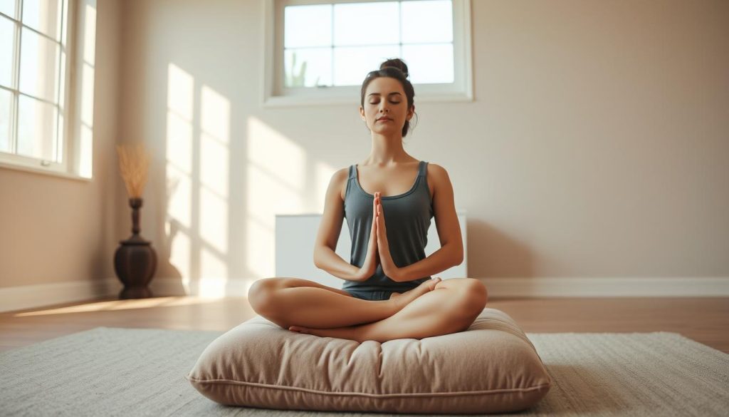 A serene, minimalist home meditation space. In the foreground, a person sits cross-legged on a plush, neutral-toned cushion, eyes closed, hands resting on their lap in a mudra. Soft natural light filters in through a large window, casting a warm glow. The middle ground features a simple, uncluttered altar with a small statue or candle. The background is a tranquil, neutral-colored wall, evoking a sense of calm and focus. The overall scene conveys a peaceful, inviting atmosphere for a beginner to engage in mindfulness meditation. A serene, minimalist home meditation space. In the foreground, a person sits cross-legged on a plush, neutral-toned cushion, eyes closed, hands resting on their lap in a mudra. Soft natural light filters in through a large window, casting a warm glow. The middle ground features a simple, uncluttered altar with a small statue or candle. The background is a tranquil, neutral-colored wall, evoking a sense of calm and focus. The overall scene conveys a peaceful, inviting atmosphere for a beginner to engage in mindfulness meditation.