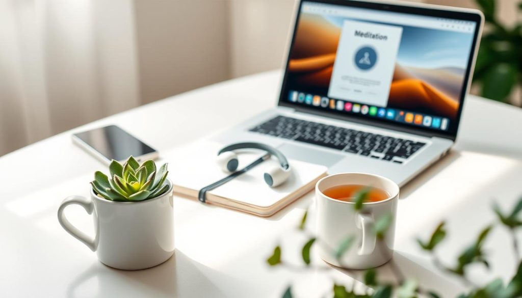 A serene, minimalist workspace with a laptop, smartphone, and other digital wellness tools arranged thoughtfully. Soft, natural lighting illuminates the scene, creating a calming atmosphere. In the foreground, a succulent plant and a mug of herbal tea suggest a balanced, intentional approach to digital self-care. The middle ground features a journal, a pair of wireless headphones, and a meditation app open on the laptop screen, hinting at practices for mindfulness and focus. The background is blurred, emphasizing the importance of the self-care tools in the frame. The overall composition conveys a sense of tranquility, productivity, and a harmonious integration of technology and personal well-being. A serene, minimalist workspace with a laptop, smartphone, and other digital wellness tools arranged thoughtfully. Soft, natural lighting illuminates the scene, creating a calming atmosphere. In the foreground, a succulent plant and a mug of herbal tea suggest a balanced, intentional approach to digital self-care. The middle ground features a journal, a pair of wireless headphones, and a meditation app open on the laptop screen, hinting at practices for mindfulness and focus. The background is blurred, emphasizing the importance of the self-care tools in the frame. The overall composition conveys a sense of tranquility, productivity, and a harmonious integration of technology and personal well-being.