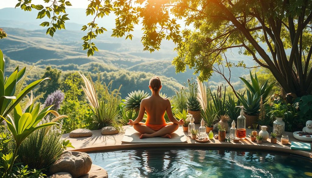 A serene, sun-drenched garden oasis, with lush greenery, flowing water, and a tranquil meditation space. In the foreground, a person sits cross-legged on a cushion, eyes closed, embodying the essence of mindfulness and inner peace. The middle ground features an array of healing herbs, crystals, and wellness tools, arranged in a harmonious display. The background showcases a panoramic view of rolling hills, with a soft, diffused lighting that creates a sense of warmth and well-being. The overall atmosphere conveys a holistic approach to wellness, where the physical, mental, and spiritual realms converge in a sanctuary of balance and rejuvenation. A serene, sun-drenched garden oasis, with lush greenery, flowing water, and a tranquil meditation space. In the foreground, a person sits cross-legged on a cushion, eyes closed, embodying the essence of mindfulness and inner peace. The middle ground features an array of healing herbs, crystals, and wellness tools, arranged in a harmonious display. The background showcases a panoramic view of rolling hills, with a soft, diffused lighting that creates a sense of warmth and well-being. The overall atmosphere conveys a holistic approach to wellness, where the physical, mental, and spiritual realms converge in a sanctuary of balance and rejuvenation.