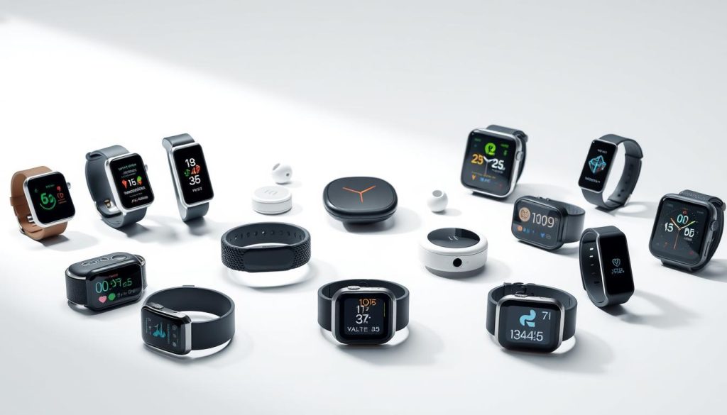 A sleek array of wearable health monitors arranged artfully on a minimalist white background. In the foreground, various smartwatches and fitness trackers with clean, modern interfaces display real-time health data. In the middle ground, a selection of wireless sensors and biomedical devices seamlessly blends form and function. The background features a subtle gradient, creating a sense of depth and highlighting the technological sophistication of the products. Soft, directional lighting casts gentle shadows, emphasizing the streamlined design and premium materials. The overall atmosphere conveys a balance of advanced capabilities and user-friendly simplicity, inviting the viewer to envision incorporating these innovative wellness technologies into their daily lives. A sleek array of wearable health monitors arranged artfully on a minimalist white background. In the foreground, various smartwatches and fitness trackers with clean, modern interfaces display real-time health data. In the middle ground, a selection of wireless sensors and biomedical devices seamlessly blends form and function. The background features a subtle gradient, creating a sense of depth and highlighting the technological sophistication of the products. Soft, directional lighting casts gentle shadows, emphasizing the streamlined design and premium materials. The overall atmosphere conveys a balance of advanced capabilities and user-friendly simplicity, inviting the viewer to envision incorporating these innovative wellness technologies into their daily lives.