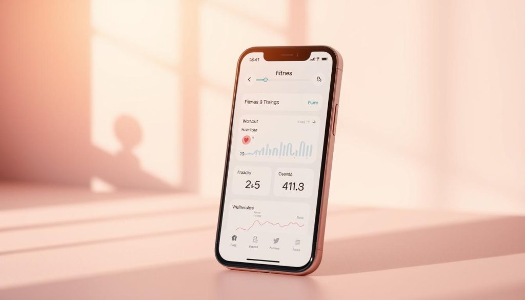 A sleek, minimalist fitness app interface displayed on a modern smartphone against a serene, pastel-colored background. The app features clean, intuitive icons and visualizations for tracking workout progress, heart rate, and other wellness metrics. Diffused natural lighting casts a warm, inviting glow, while the composition emphasizes the app's ease of use and focus on holistic self-care. The overall atmosphere is calming, encouraging a sense of mindfulness and balance. A sleek, minimalist fitness app interface displayed on a modern smartphone against a serene, pastel-colored background. The app features clean, intuitive icons and visualizations for tracking workout progress, heart rate, and other wellness metrics. Diffused natural lighting casts a warm, inviting glow, while the composition emphasizes the app's ease of use and focus on holistic self-care. The overall atmosphere is calming, encouraging a sense of mindfulness and balance.