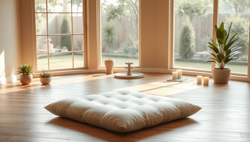 A tranquil meditation space with soft, natural lighting streaming through large windows overlooking a serene garden. A plush, comfortable meditation cushion rests on a polished wooden floor, surrounded by minimalist decor elements like potted plants, a small water fountain, and candles providing a calming ambiance. The walls are painted in soothing, earthy tones, creating a welcoming, zen-like atmosphere perfect for focused introspection and inner peace. A tranquil meditation space with soft, natural lighting streaming through large windows overlooking a serene garden. A plush, comfortable meditation cushion rests on a polished wooden floor, surrounded by minimalist decor elements like potted plants, a small water fountain, and candles providing a calming ambiance. The walls are painted in soothing, earthy tones, creating a welcoming, zen-like atmosphere perfect for focused introspection and inner peace.