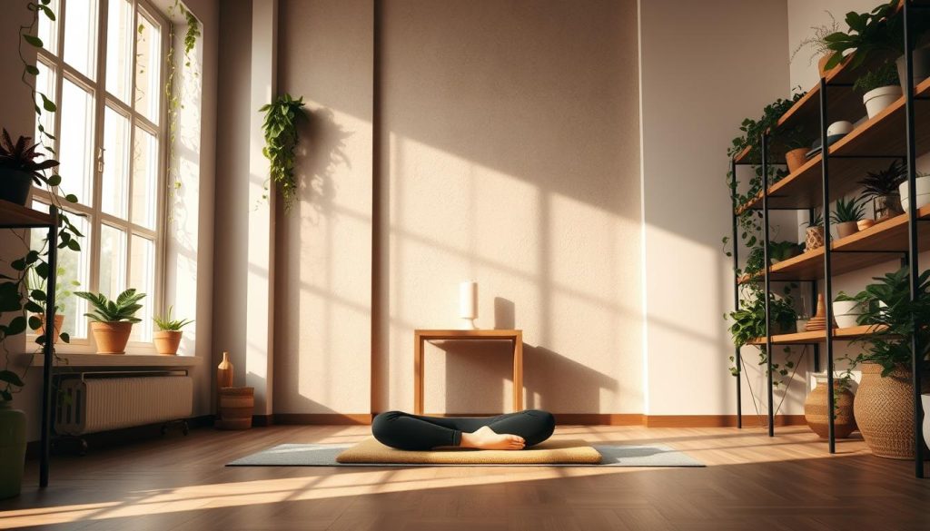 A tranquil meditation studio with a serene atmosphere. Soft natural lighting filters through large windows, casting a warm glow on the space. In the foreground, a person sits cross-legged on a cushioned meditation mat, their eyes closed in deep focus. Trailing vines and potted plants adorn the shelves, creating a calming, nature-inspired ambiance. The middle ground features a simple wooden altar with a single lit candle, its flickering flame providing a soothing visual anchor. The background showcases a neutral-toned, textured wall, promoting a sense of grounded simplicity. The overall scene exudes a harmonious and restorative energy, inviting the viewer to experience the benefits of guided meditation for stress relief. A tranquil meditation studio with a serene atmosphere. Soft natural lighting filters through large windows, casting a warm glow on the space. In the foreground, a person sits cross-legged on a cushioned meditation mat, their eyes closed in deep focus. Trailing vines and potted plants adorn the shelves, creating a calming, nature-inspired ambiance. The middle ground features a simple wooden altar with a single lit candle, its flickering flame providing a soothing visual anchor. The background showcases a neutral-toned, textured wall, promoting a sense of grounded simplicity. The overall scene exudes a harmonious and restorative energy, inviting the viewer to experience the benefits of guided meditation for stress relief.