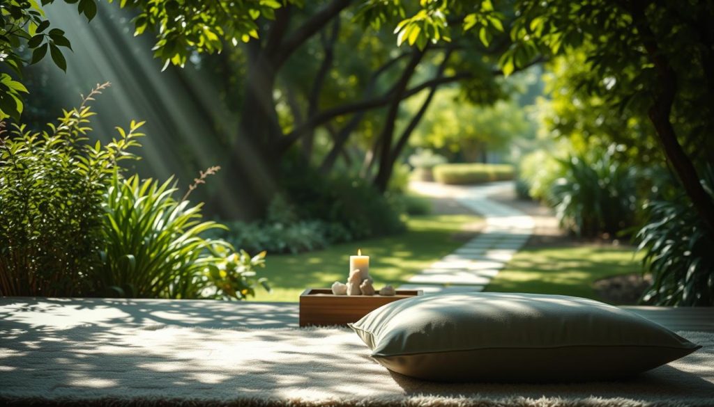 A tranquil, sun-dappled garden setting with lush foliage and a serene meditation space. In the foreground, a comfortable floor cushion sits atop a plush rug, inviting the viewer to settle in. Soft, diffused lighting filters through the trees, creating a warm, calming atmosphere. In the middle ground, a simple wooden altar holds a flickering candle and a few artfully arranged crystals. The background features a serene, winding path leading deeper into the verdant oasis, suggesting a journey inward. The overall scene evokes a sense of peace, reflection, and mindful presence. A tranquil, sun-dappled garden setting with lush foliage and a serene meditation space. In the foreground, a comfortable floor cushion sits atop a plush rug, inviting the viewer to settle in. Soft, diffused lighting filters through the trees, creating a warm, calming atmosphere. In the middle ground, a simple wooden altar holds a flickering candle and a few artfully arranged crystals. The background features a serene, winding path leading deeper into the verdant oasis, suggesting a journey inward. The overall scene evokes a sense of peace, reflection, and mindful presence.