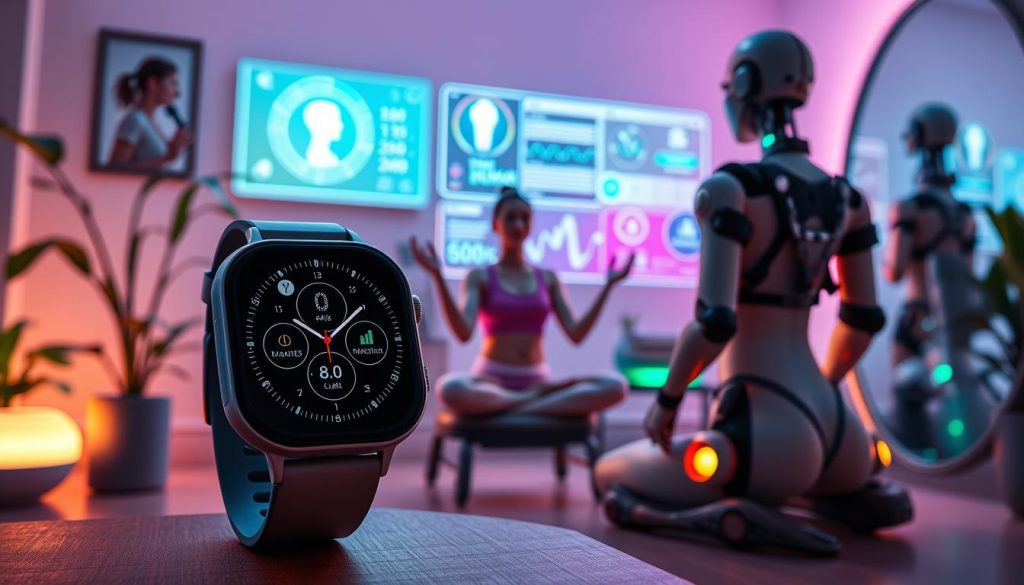 A vibrant and futuristic scene showcasing a variety of AI-powered health and wellness tools. In the foreground, a sleek and intuitive smartwatch tracks fitness metrics and vital signs. Beside it, a virtual assistant interacts with a user, offering personalized wellness insights. In the middle ground, a 3D-printed exoskeleton assists with physical rehabilitation, while a holographic display presents real-time health data. In the background, a smart mirror reflects a user engaging in a guided meditation session, surrounded by soothing ambient lighting. The overall atmosphere is one of technological innovation empowering a healthier, more balanced lifestyle. A vibrant and futuristic scene showcasing a variety of AI-powered health and wellness tools. In the foreground, a sleek and intuitive smartwatch tracks fitness metrics and vital signs. Beside it, a virtual assistant interacts with a user, offering personalized wellness insights. In the middle ground, a 3D-printed exoskeleton assists with physical rehabilitation, while a holographic display presents real-time health data. In the background, a smart mirror reflects a user engaging in a guided meditation session, surrounded by soothing ambient lighting. The overall atmosphere is one of technological innovation empowering a healthier, more balanced lifestyle.