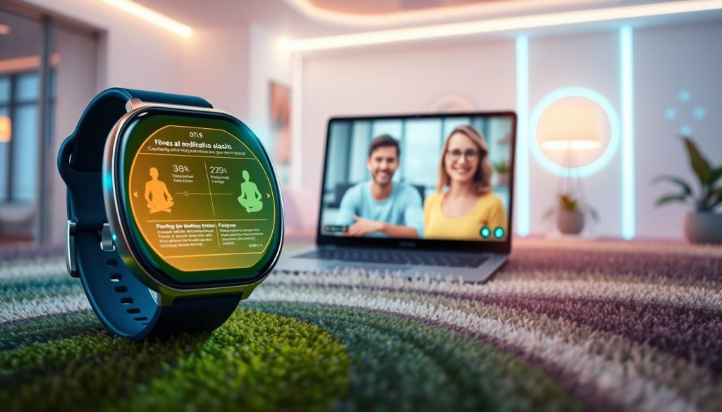 A vibrant digital landscape depicting wellness solutions for the modern era. In the foreground, a sleek smartwatch with a holographic display showcases a personalized fitness and meditation program. The middle ground features a laptop screen displaying a video call with a virtual health coach, their warm expression conveying a sense of guidance and support. In the background, a futuristic home environment with smart lighting and climate controls, promoting mindfulness and relaxation. The lighting is soft and diffused, creating a calming atmosphere. The overall scene exudes a harmonious blend of technology and wellness, inviting the viewer to envision how digital tools can enhance personal wellbeing. A vibrant digital landscape depicting wellness solutions for the modern era. In the foreground, a sleek smartwatch with a holographic display showcases a personalized fitness and meditation program. The middle ground features a laptop screen displaying a video call with a virtual health coach, their warm expression conveying a sense of guidance and support. In the background, a futuristic home environment with smart lighting and climate controls, promoting mindfulness and relaxation. The lighting is soft and diffused, creating a calming atmosphere. The overall scene exudes a harmonious blend of technology and wellness, inviting the viewer to envision how digital tools can enhance personal wellbeing.